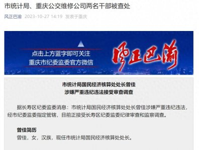 ​重庆市统计局国民经济核算处处长曾佳涉嫌严重违纪违法接受审查调查