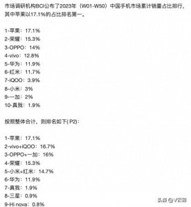 ​2023年度国内手机销量排名出炉，苹果第一，vivo第二